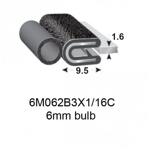 RUBBER EDGE TRIMS WITH 6mm BULB - 1.6mm PANEL (1/16