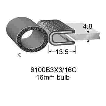 RUBBER EDGE TRIMS WITH 16 mm BULB - 4.7mm PANEL (3/16