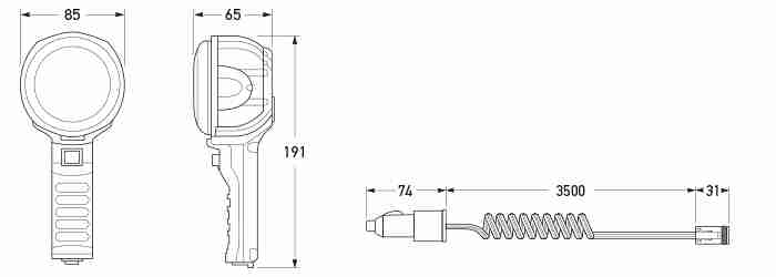 LED hand held spot lamp with cable and plug. All dimensions in mm.