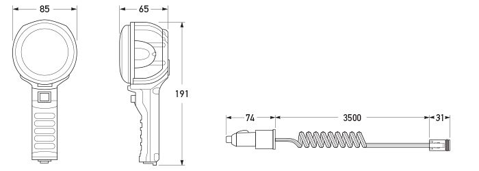 LED hand held spot lamp with cable and plug. All dimensions in mm.