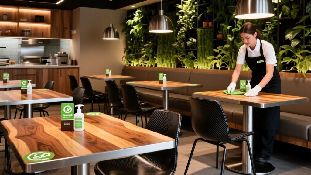 Mesas y sillas de restaurante modernas y resistentes en espacio interior de hostelería