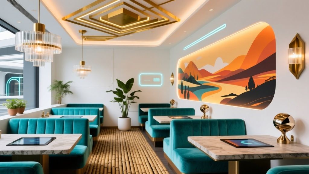 Espacio de restaurante con diseño que combina elementos minimalistas y maximalistas en decoración, mostrando un equilibrio visual entre simplicidad y coloridos detalles decorativos