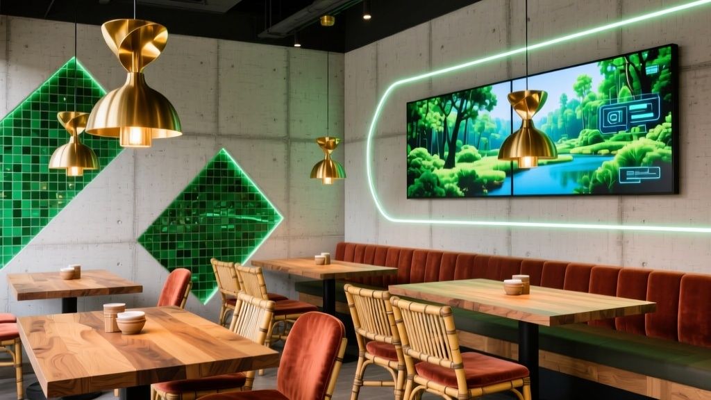 Espacio minimalista con mesas de roble reciclado y lámparas LED empotradas que destacan la sencillez y calidez natural