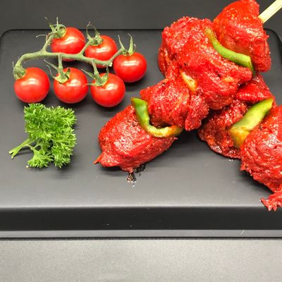 2x RUNDS brochette gemarineerd BBQ (4 st. vlees) (190), 4x Merguez (162), ...