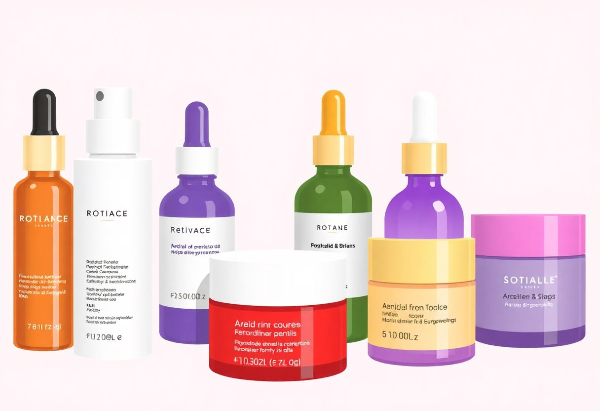 Various retinol and moisturizer products displayed