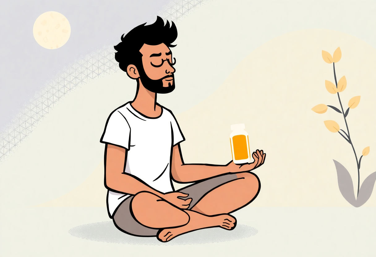 Image of a person meditating with a supplement bottle