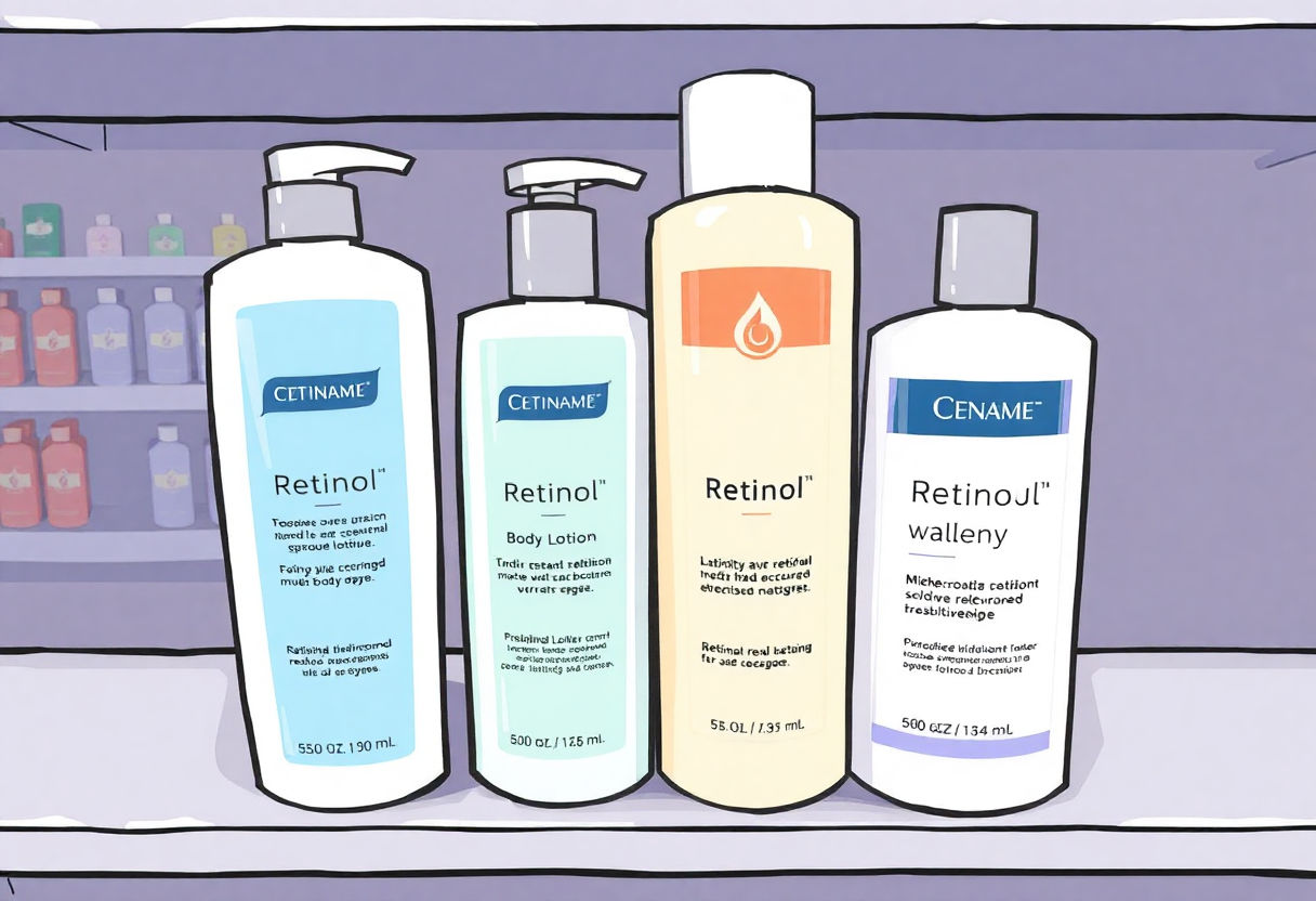 Different retinol-infused body lotions in a store aisle.