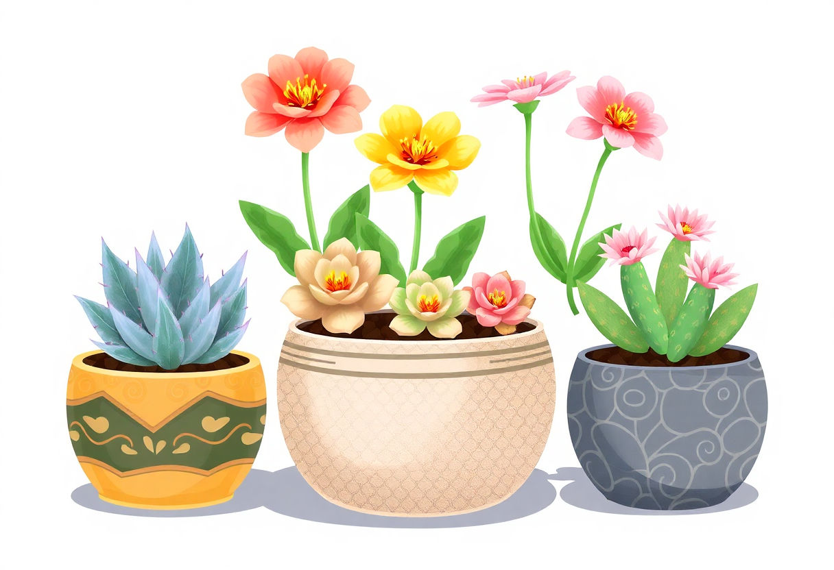 Decorative pots with flowering succulents