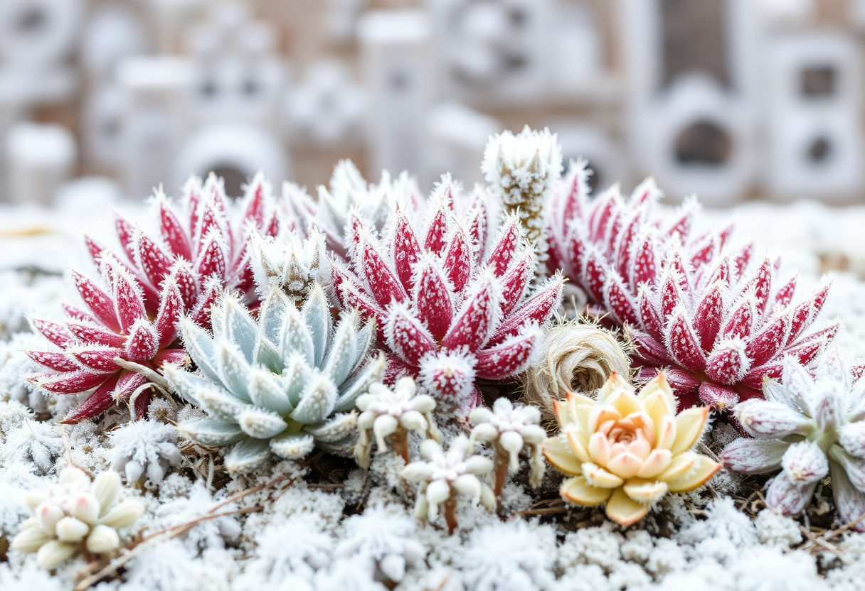 Dormant succulents covered in frost