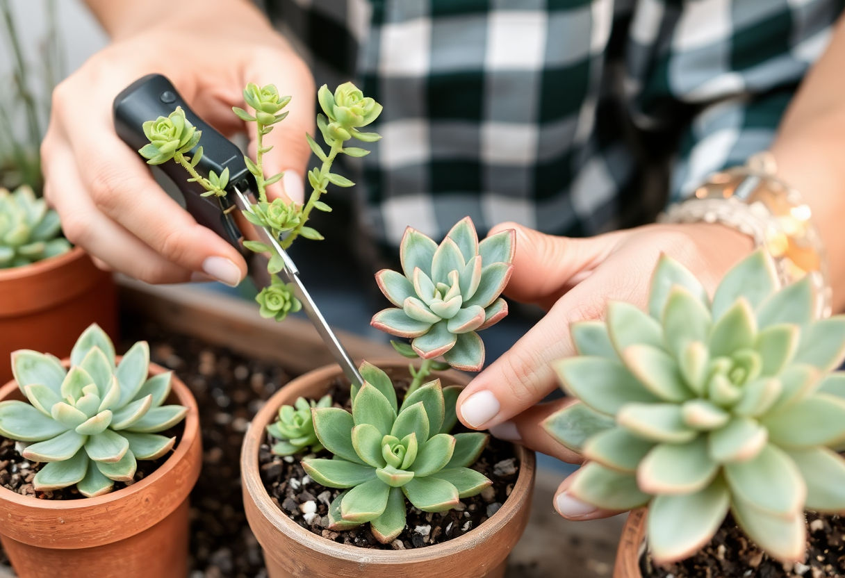 Person pruning succulent leaves