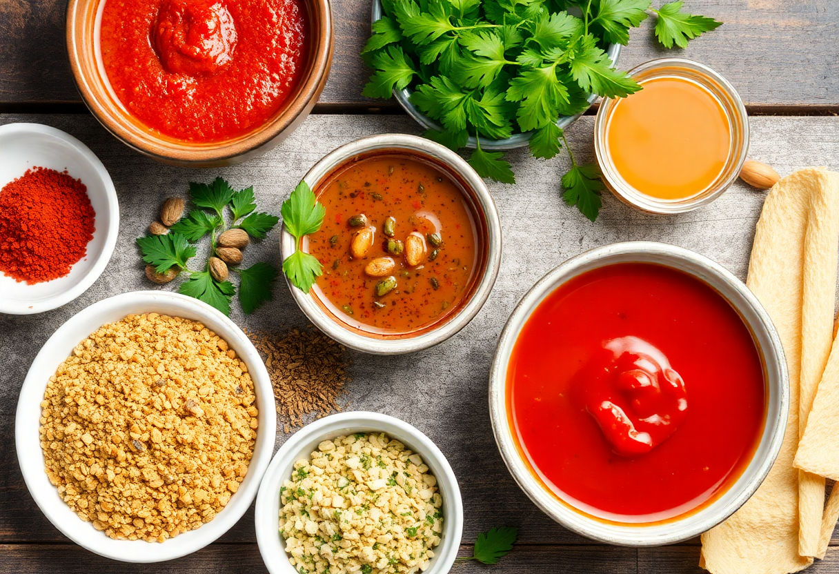 Variety of spices and sauces next to meal.