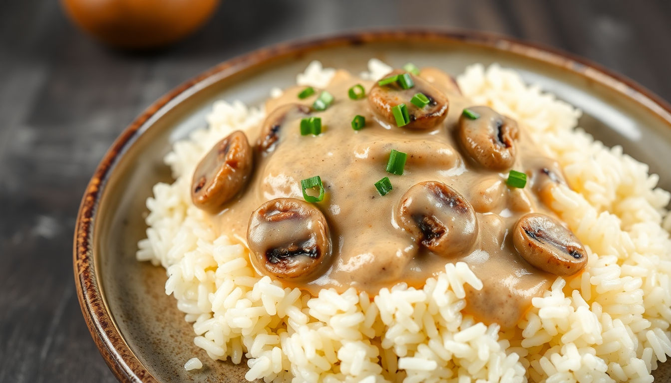 Arroz servido com um suave creme de cogumelos.