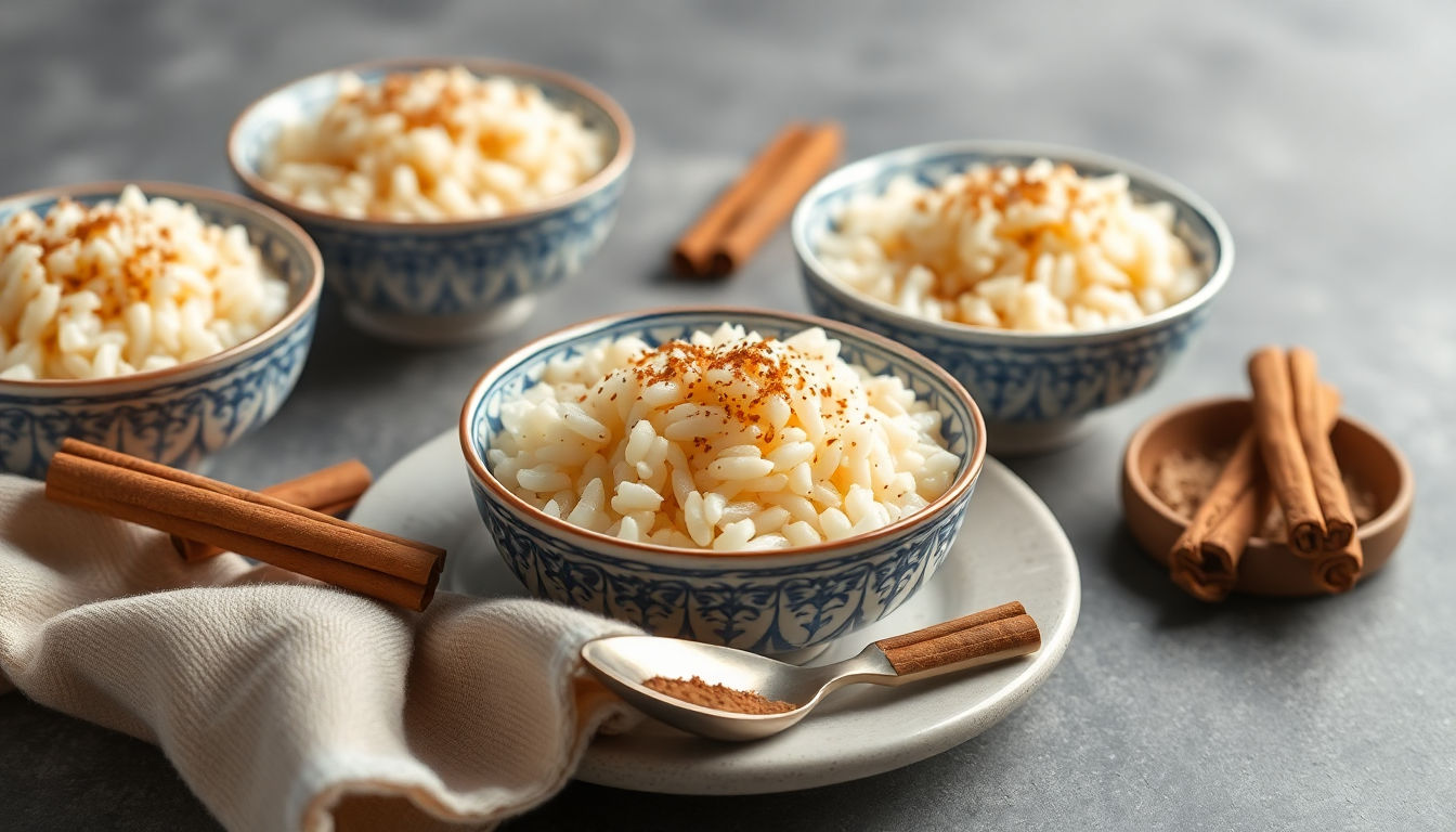 Arroz doce servido em tigelas decorativas com canela.