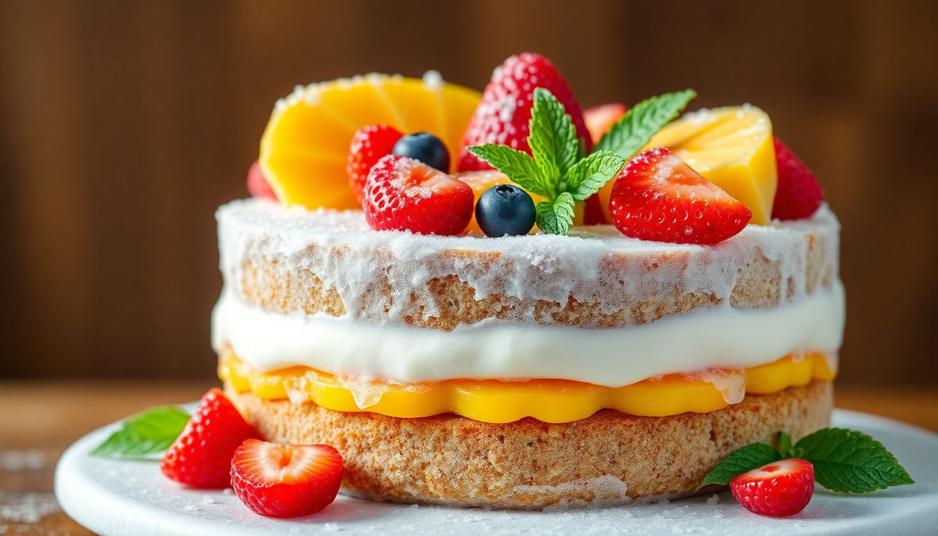 Torta gelada com frutas tropicais em camadas