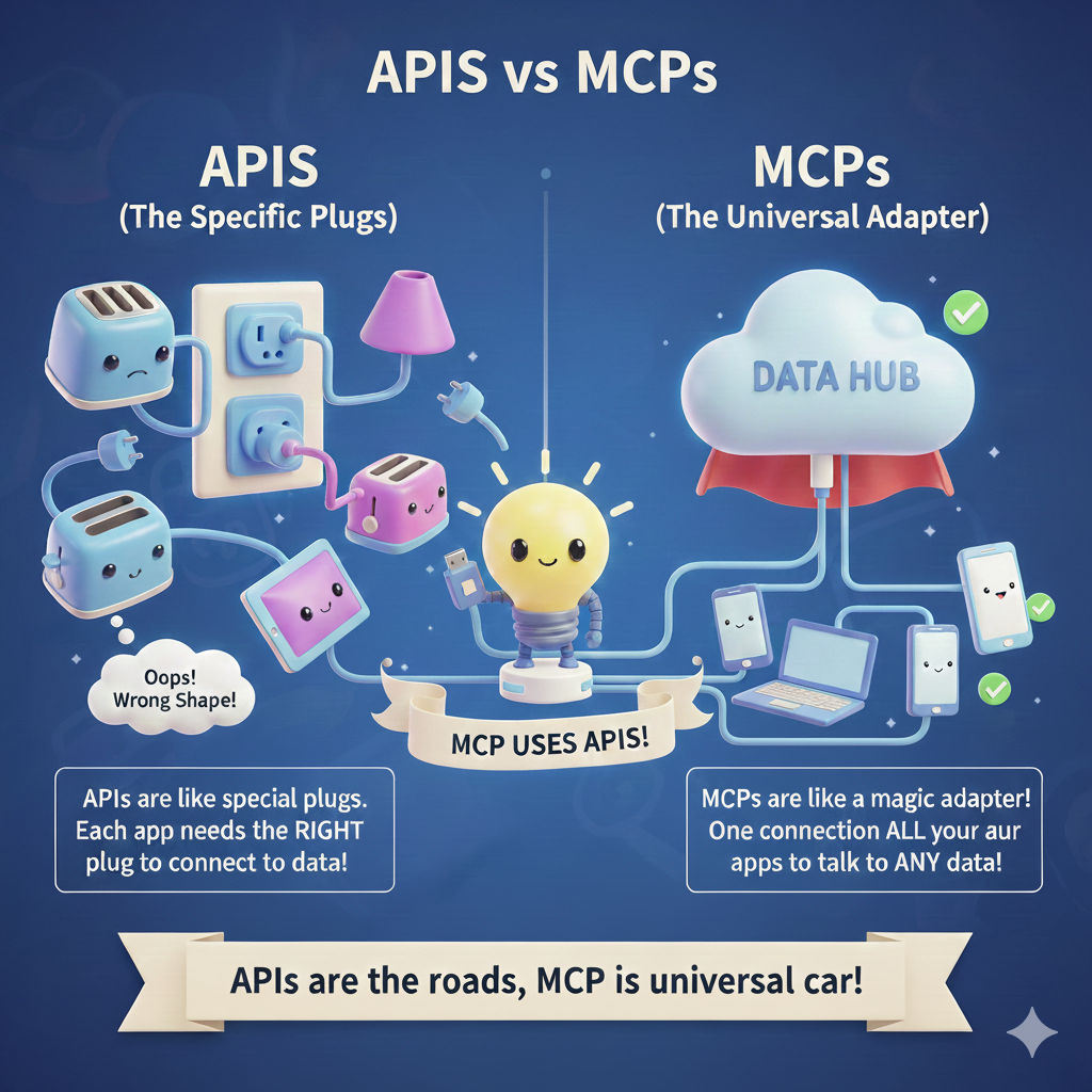 APIs vs MCPs Illustration in 4D Cartoon Style