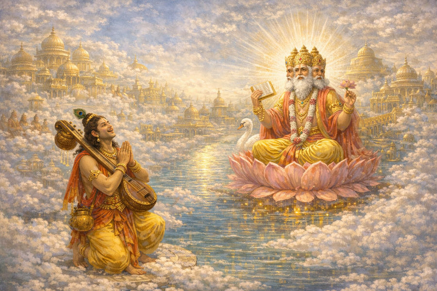 Sri Narada Meets Lord Brahma in Sathya Loka