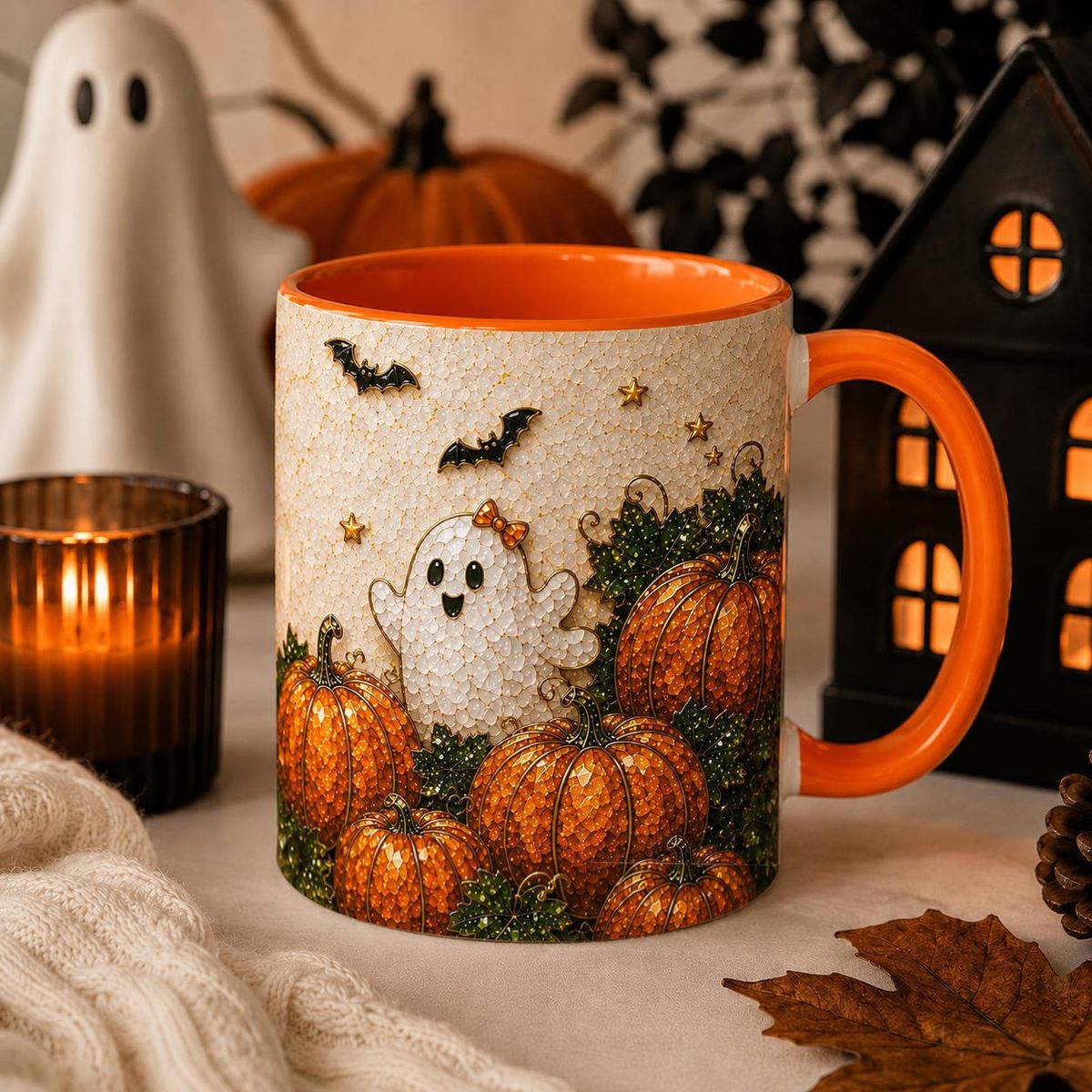 Mugs - Stained Glass Halloween Ghost Pumpkin Ceramic Mug, Cute Ghost Coffee Cup, Spooky Season Mug, Fall Coffee Mug, Halloween Gift for Ghost Lover - Personalized Etsy Final_3
