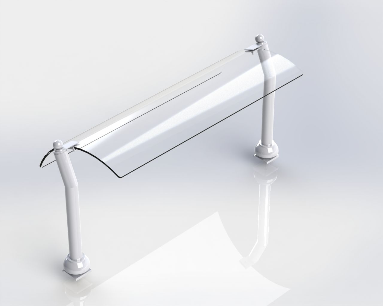 Sneeze guard for buffet counter with bolt type flange bottom + brass chrome cover + 10mm thick curved glass 1500mm long