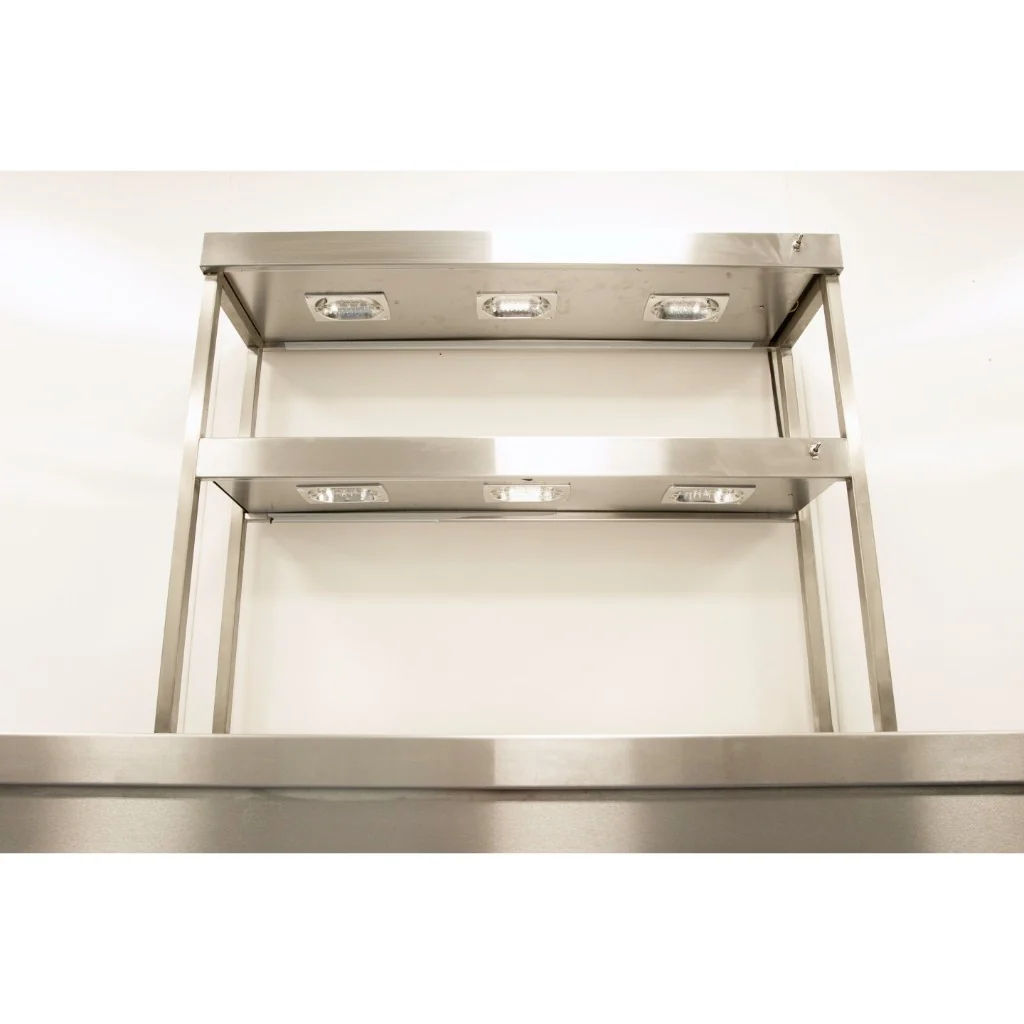 Two Tier over-shelf with single hot pass + Heating Maximum 80°C, 1kw.