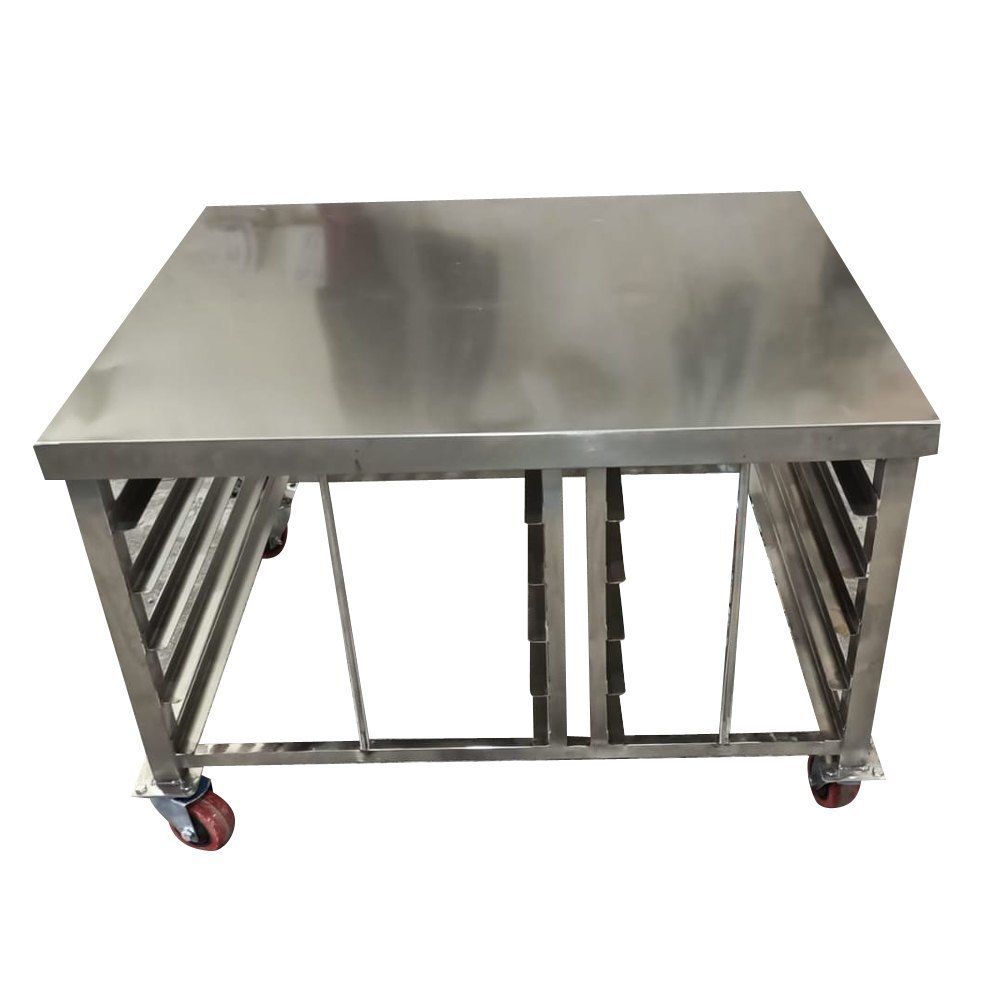 Stainless steel oven stand with Channel backing. 40x40x1.5 mm square tube legs fitted with adjustable PVC grommets