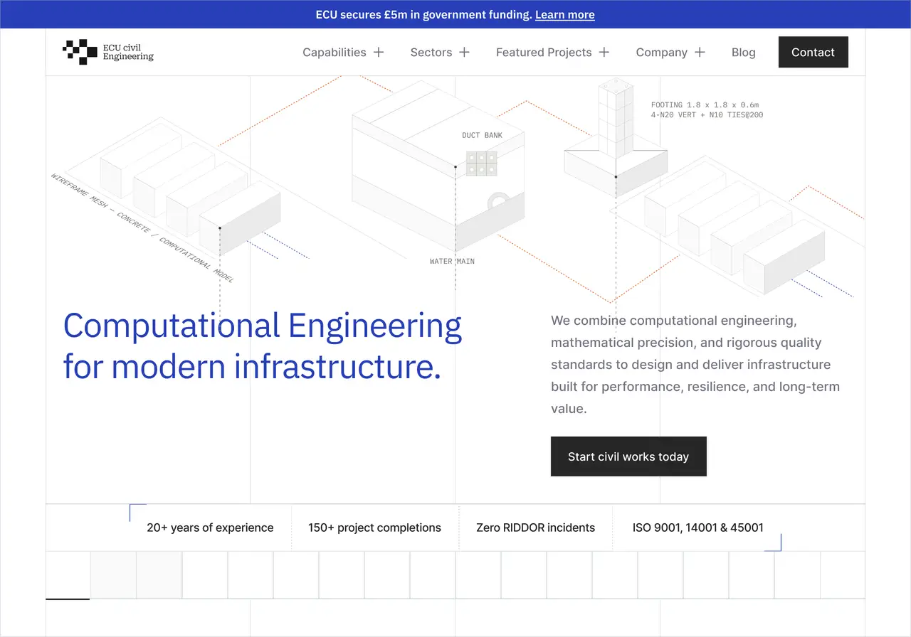 ECU Civil Engineering hero section design featuring a white background, dark navy and grey palette, bold typography, black buttons, and a modern engineering-focused background design
