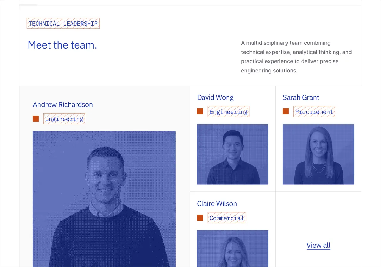 ECU Civil Engineering team section design featuring a white background, images of team members cards with dark blue background, dark navy and grey palette bold typography, and position above each with dark orange box