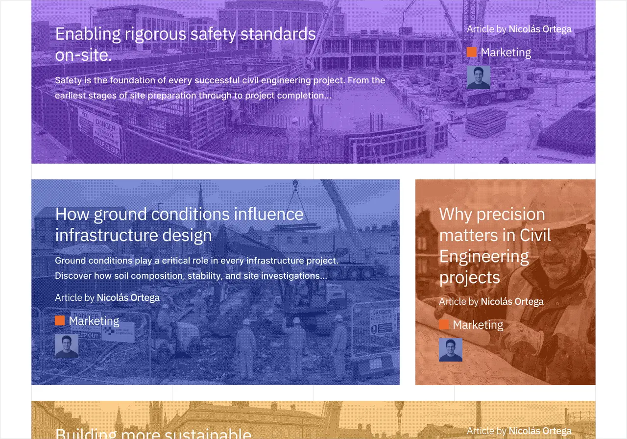 ECU Civil Engineering blog posts page design featuring all blogs displayed as a grid with background colours dark purple, dark navy, dark orange, dark amber with white text displaying titles for each post
