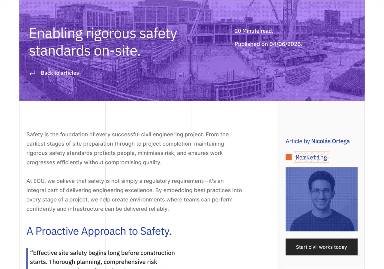 ECU Civil Engineering blog post page design featuring a white background, large purple engineering image with title in white, dark navy and grey typography, black button and a picture of the author with a dark blue background