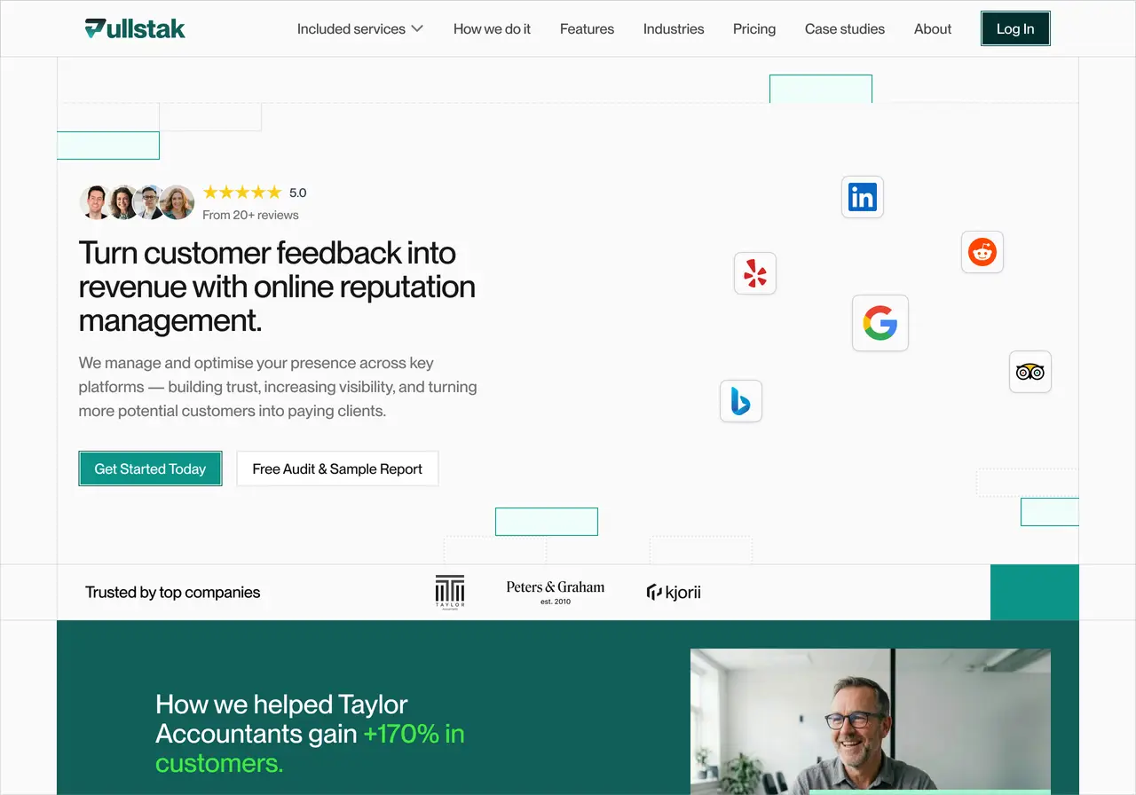 Pullstak hero section design featuring a white background, a two column grid with left side featuring a reviews from Google summary, hero text in black, hero paragraph in grey, two side by side buttons, primary in light green, secondary outlined in black, right side featuring social platform icons arranged evenly spaced