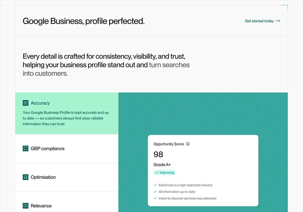 Pullstak trust section design featuring a white background, the title in black, sub-title in black and grey, a clickable tab table with left side featuring active tab in light green with dark green text, right side featuring a user interface design with mint green background corresponding to each tab clicked