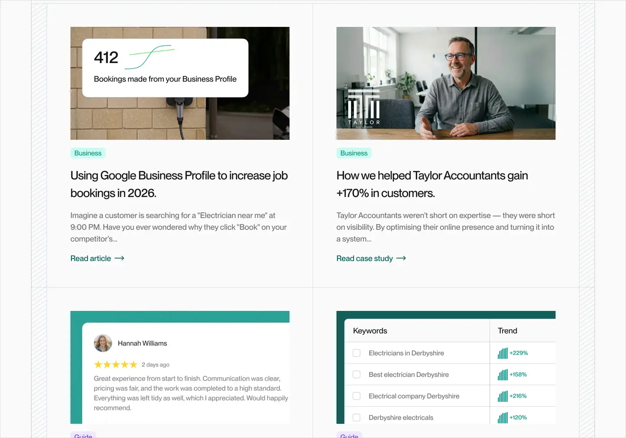 Pullstak blog posts page design featuring a white background, a two column stacked grid layout containing cards for each post, with titles in black, information in grey, the main blog posts images, and a links in a dark green colour