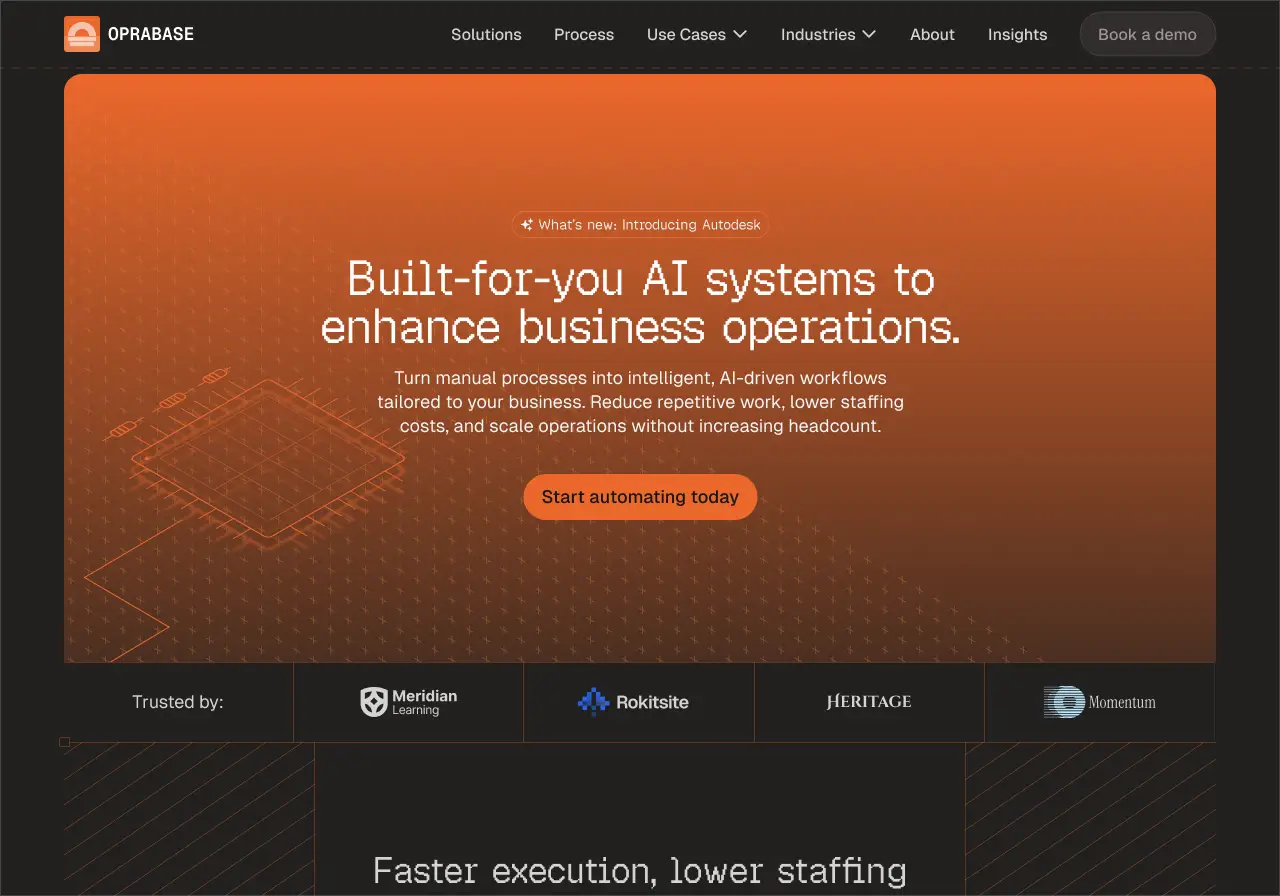 Oprabase hero section design featuring a dark background, deep orange gradient containing main text and information in white, orange rounded button, and an illustration of a cpu and resistors