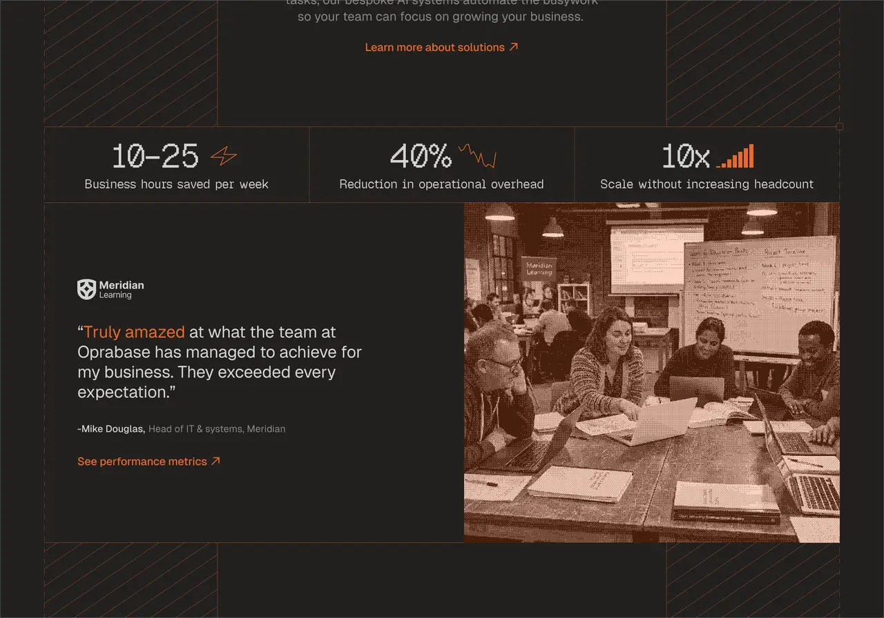 Oprabase review section design featuring a dark background, statistics in big white text with an illustration icon for each, a review card with left side company name, testimonial in white text, right side with image of company activities with a faded orange overlay