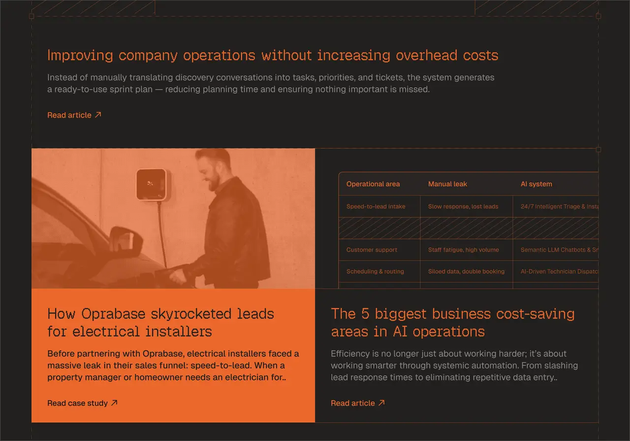 Oprabase blog page design featuring a dark background, orange, black and grey typography, individual blog cards with alternating colour palettes, images and links to read individual posts