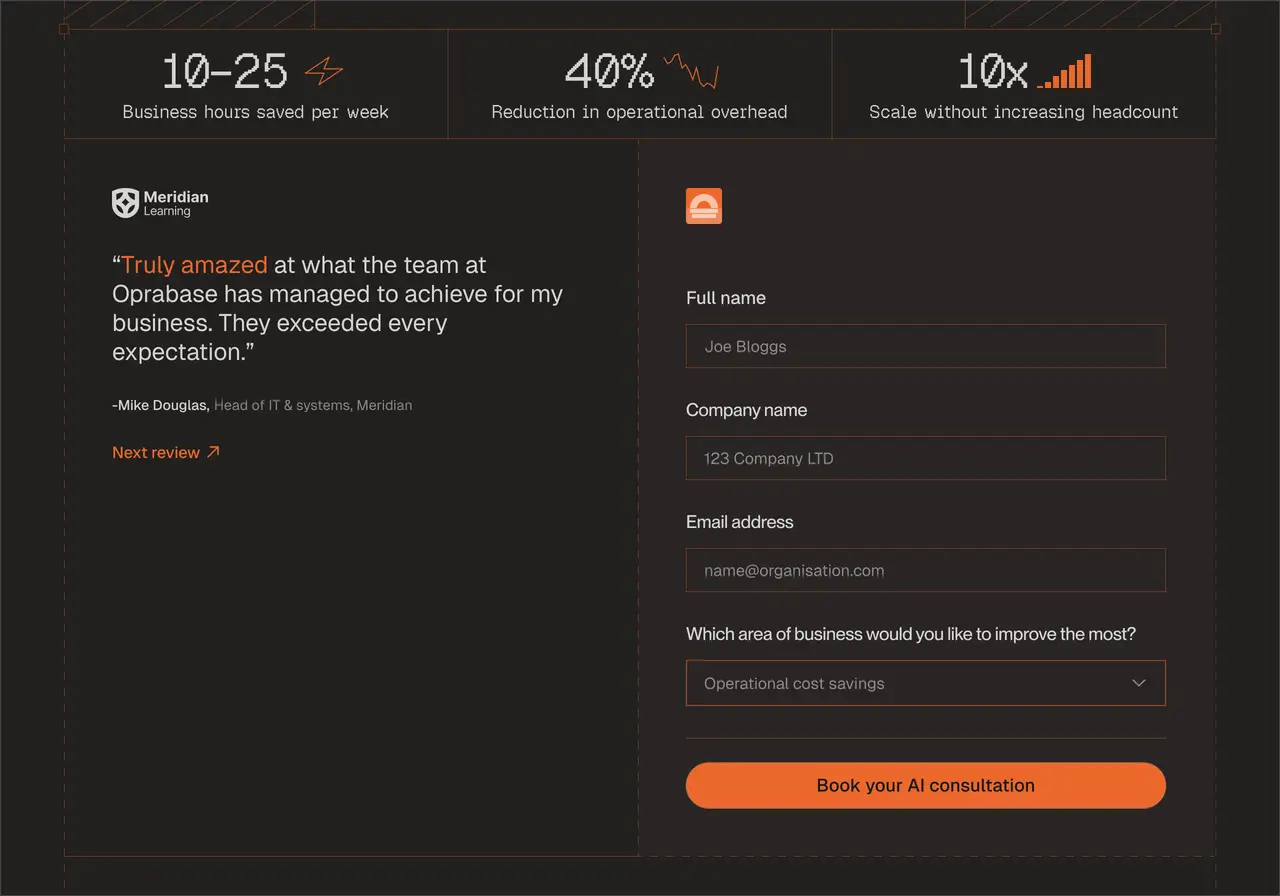 Oprabase get started page featuring statistics in big white text with an illustration icon for each, a two column grid with left featuring a testimonial in white and grey text, right side featuring a contact form with big orange rounded submit button