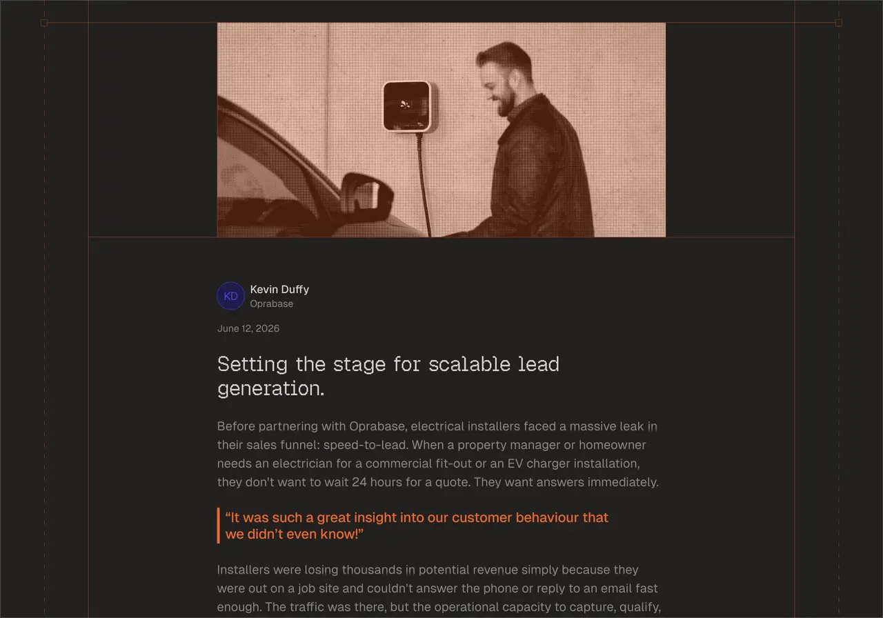 Oprabase individual blog post page featuring the main image with an orange faded overlay, author, date, and posts title, and associated information in white, grey, and orange colour typography