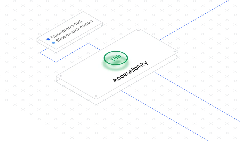 A Rokitsite ui design depicting two three dimensional white rectangle containers with a background of tiny angled stars, grey outline angled at a perspective with joining blue lines. The first container has label accessibility in black, a green circular icon with 100 inside, the second has design tokens representing colour with blue and light blue dots and grey typography