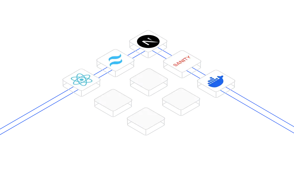 A Rokitsite ui design depicting the Rokitsite top level technology stack with a series of three dimensional white boxes with grey outline angled at a perspective with joining blue double lines, icons inside that are: React, Tailwind css, Next.js, Sanity, and Docker