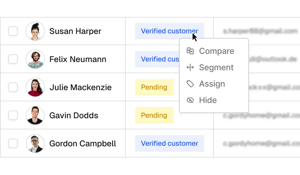 A Rokitsite ui design depicting a customer 3 row by 3 column lookup table with white background, customer names with images of customers, typography in black and grey, verified customer box in blue, pending box in amber, and a mouseover tooltip with options