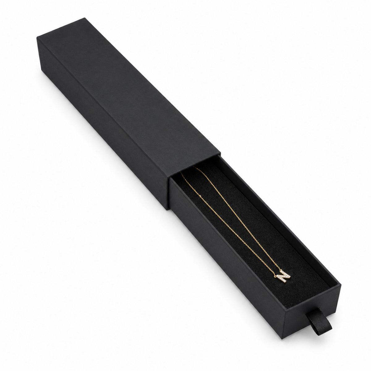 Small Chain Box Drawer in black — side view | custom rigid jewellery box, Jaipur