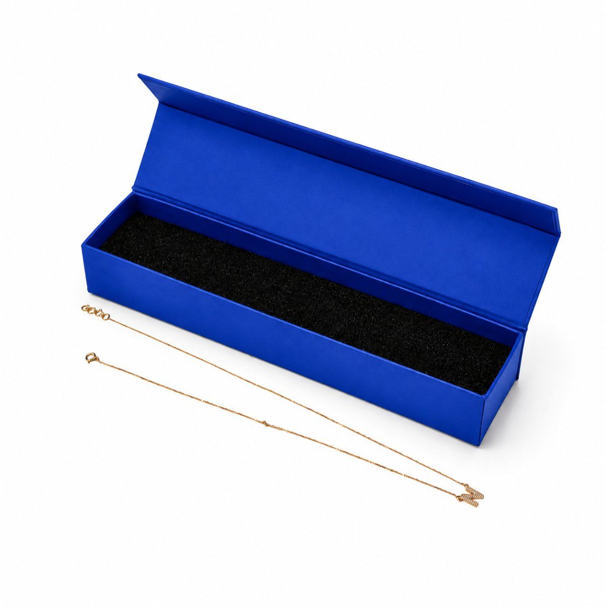 Small Chain Box with Magnetic file ( Three Flap) in blue — back view | custom rigid jewellery box, Jaipur