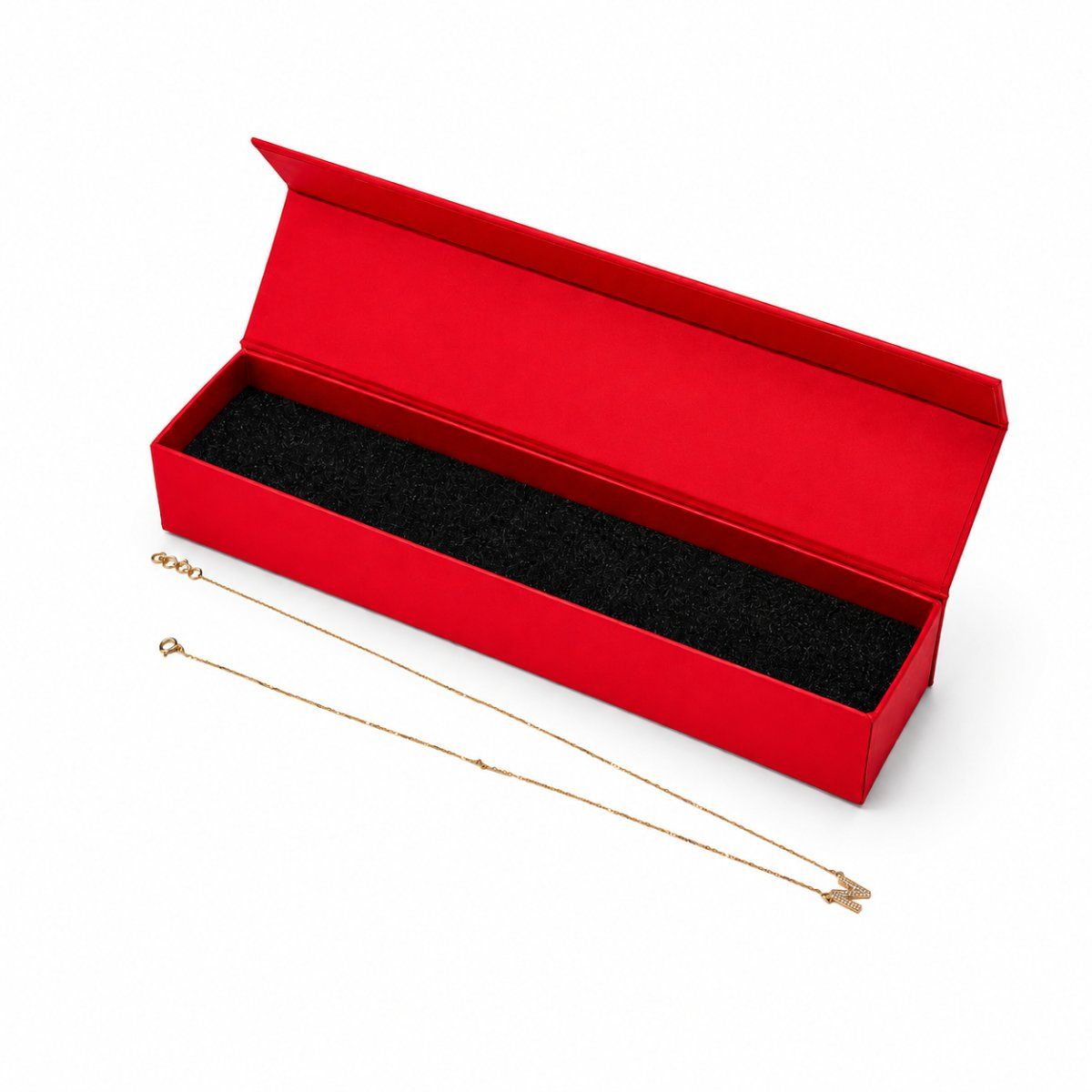 Small Chain Box with Magnetic file ( Three Flap) in red — detail view | custom rigid jewellery box, Jaipur
