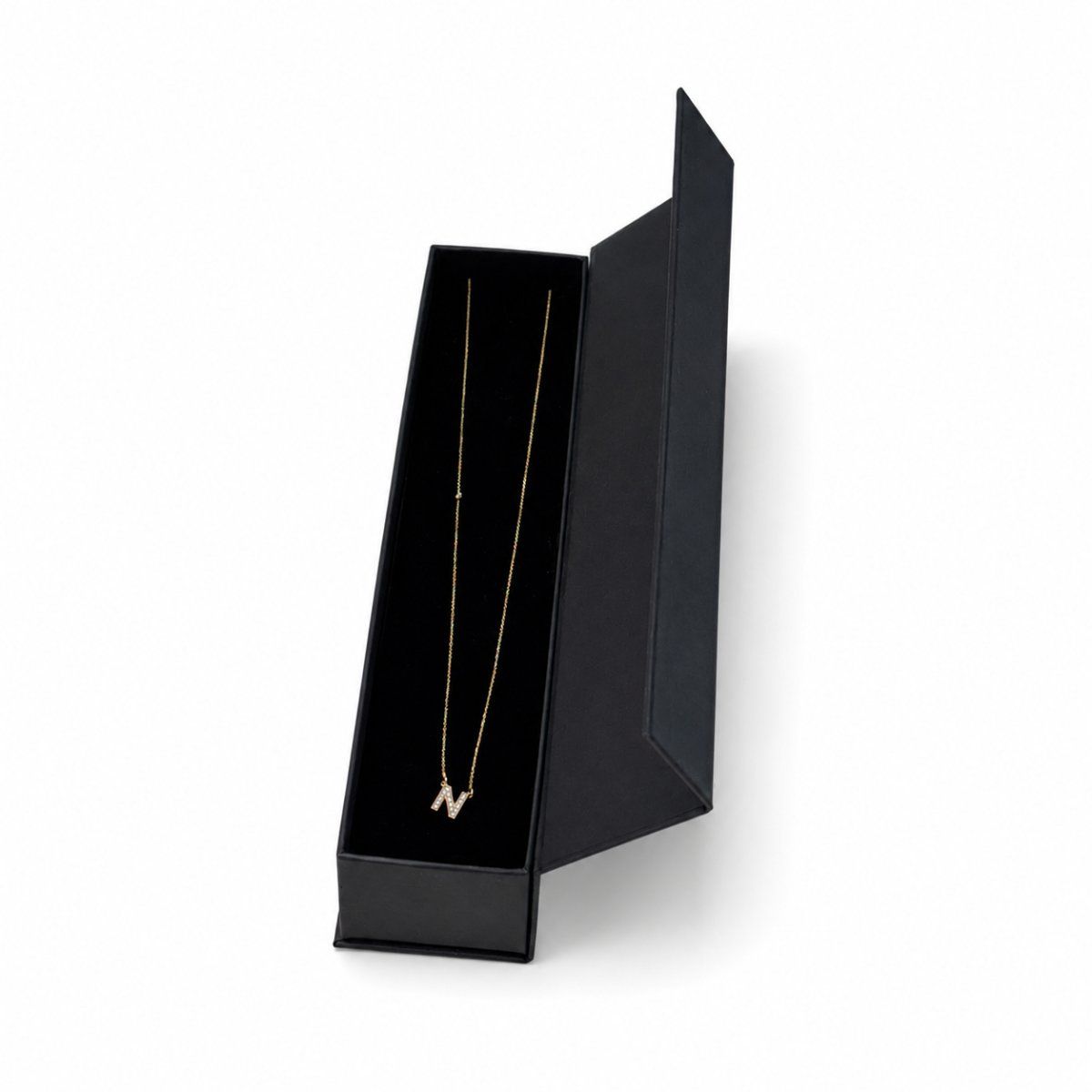 Small Chain Box with Magnetic file ( Four Flap) in black — side view | custom rigid jewellery box, Jaipur