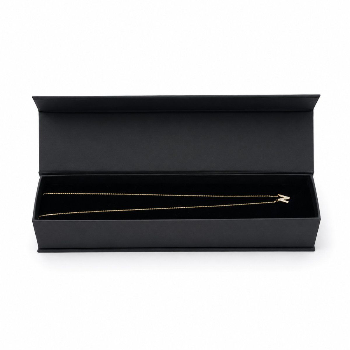 Small Chain Box with Magnetic file ( Four Flap) in black — back view | custom rigid jewellery box, Jaipur