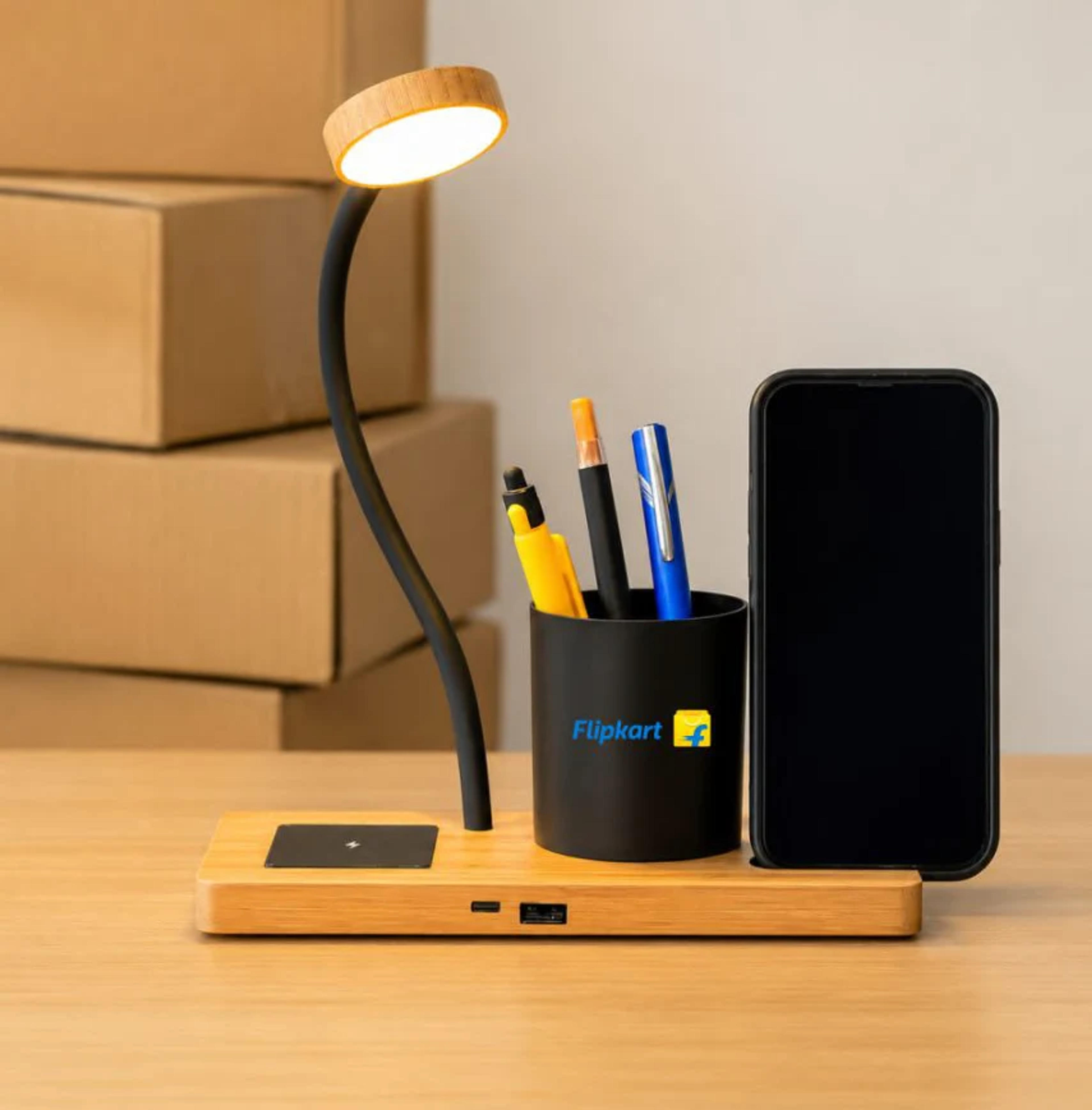 Bamboo Wireless Charger with Lamp and Pen Stand
