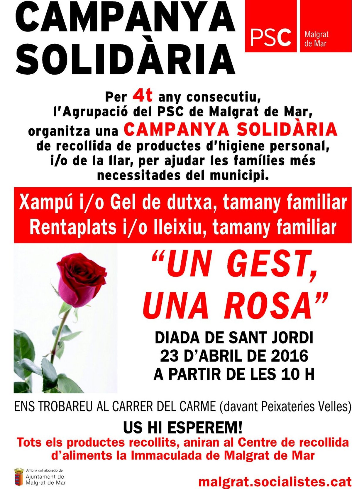 El PSC recollirà productes d'higiene i de la llar per Sant Jordi