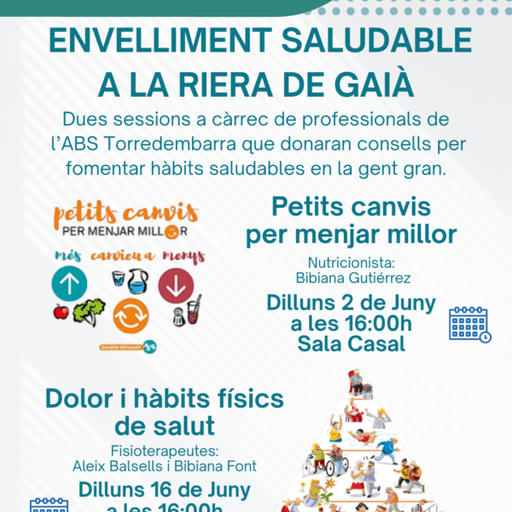 Professionals de l’Àrea Bàsica de Salut de Torredembarra oferiran dues xerrades centrades en l'envelliment saludable a La Riera de Gaià