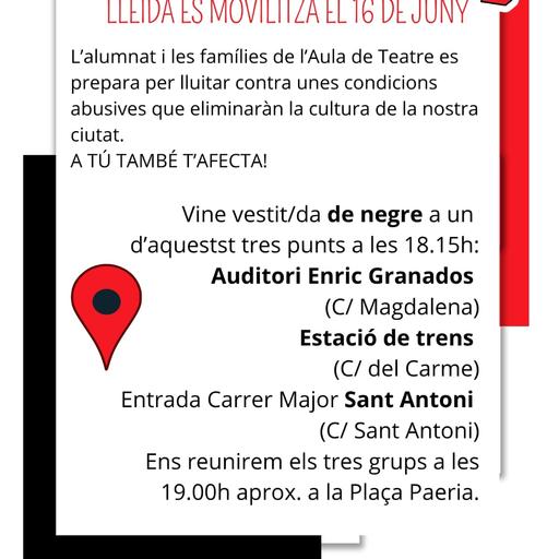 JOVENTPERLAULA: l'alumnat de l'Aula de Teatre també en contra de la nova licitació de la Paeria de Lleida per la seva escola