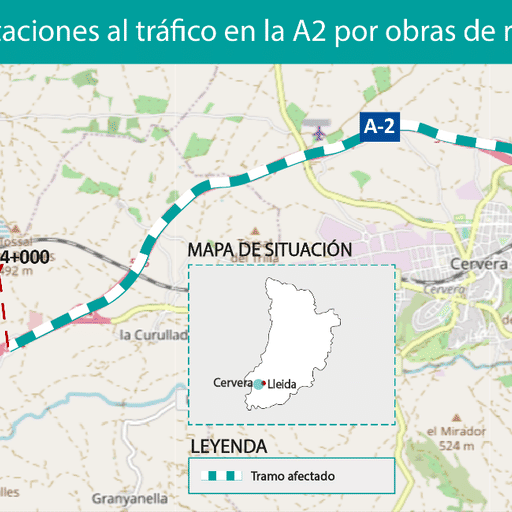 Afectació al trànsit a l'autovia A-2 per obres de rehabilitació del ferm a l'alçada de Cervera