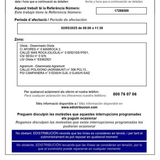 Avís per tall en el subministrament elèctric
